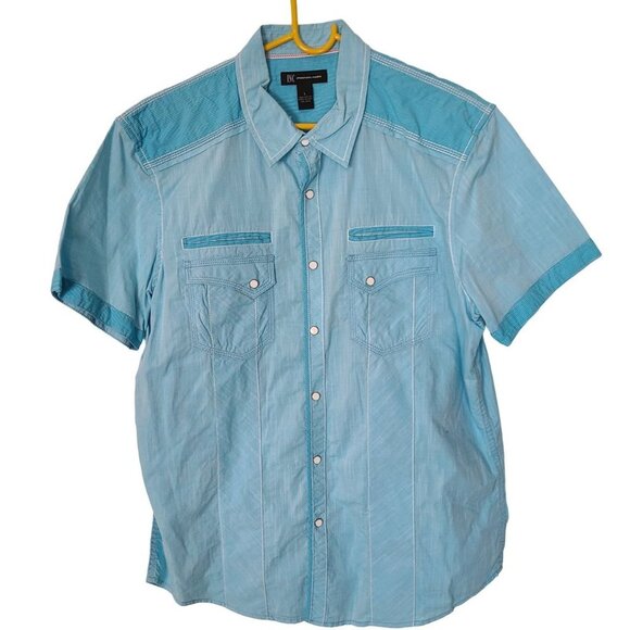 INC International Concepts Mens L Blue Short Sleeves Snap Front Western Shirt - Picture 1 of 6